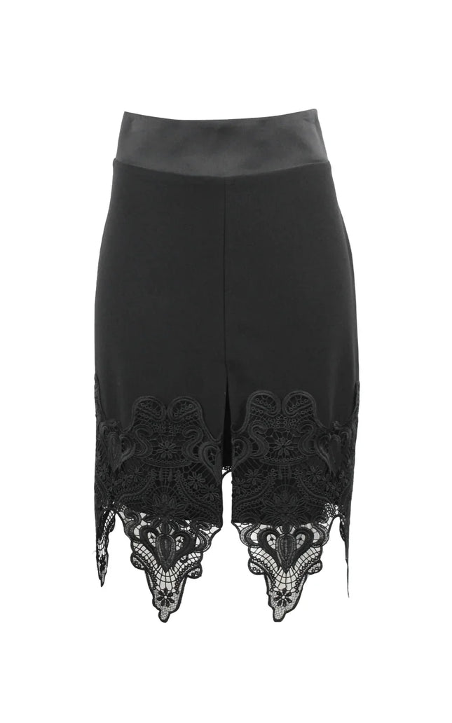 Black high-waisted skirt with lace trim and front slit, elegant women's fashion