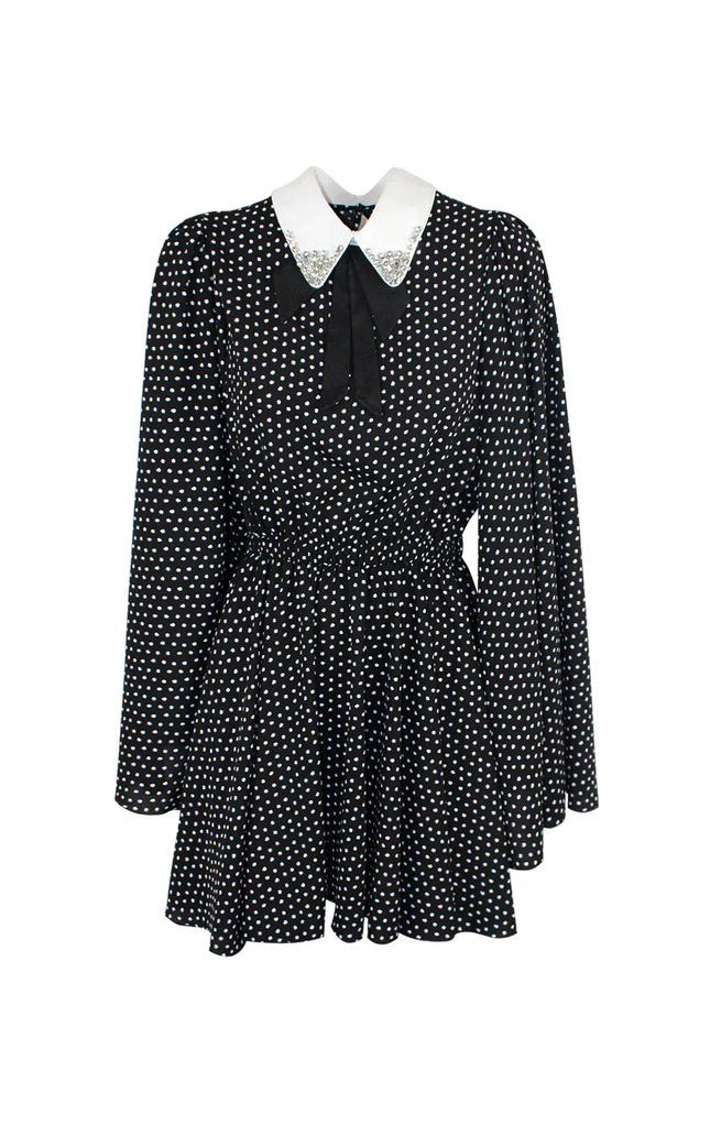 Black polka dot dress with white embellished collar and long sleeves, stylish women's fashion
