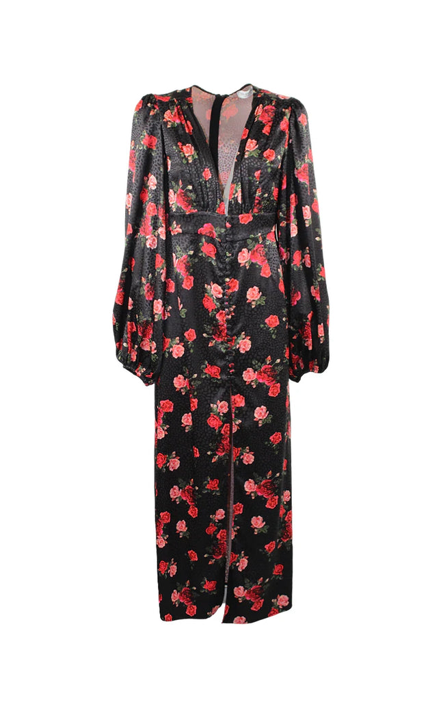Long black floral dress with red rose print, deep V-neck, and puff sleeves
