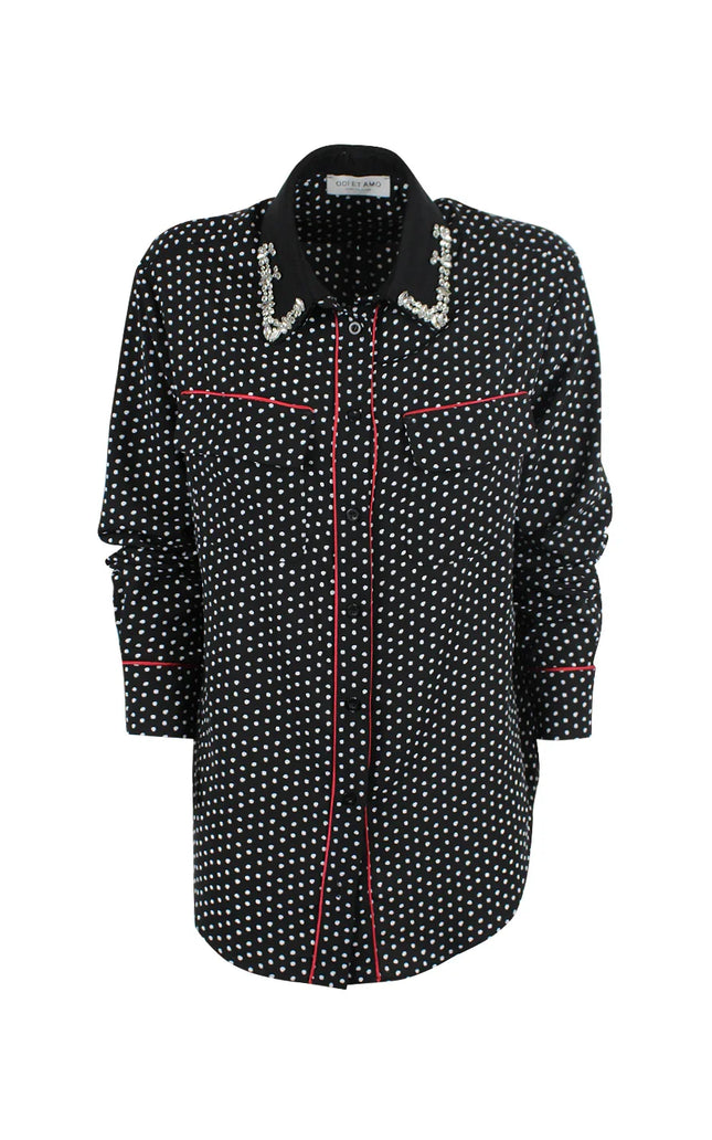 Black long sleeve shirt with white polka dots, red piping, jeweled collar, women's fashion