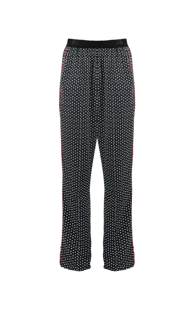 Black polka dot women's pants with pink side stripe and elastic waistband