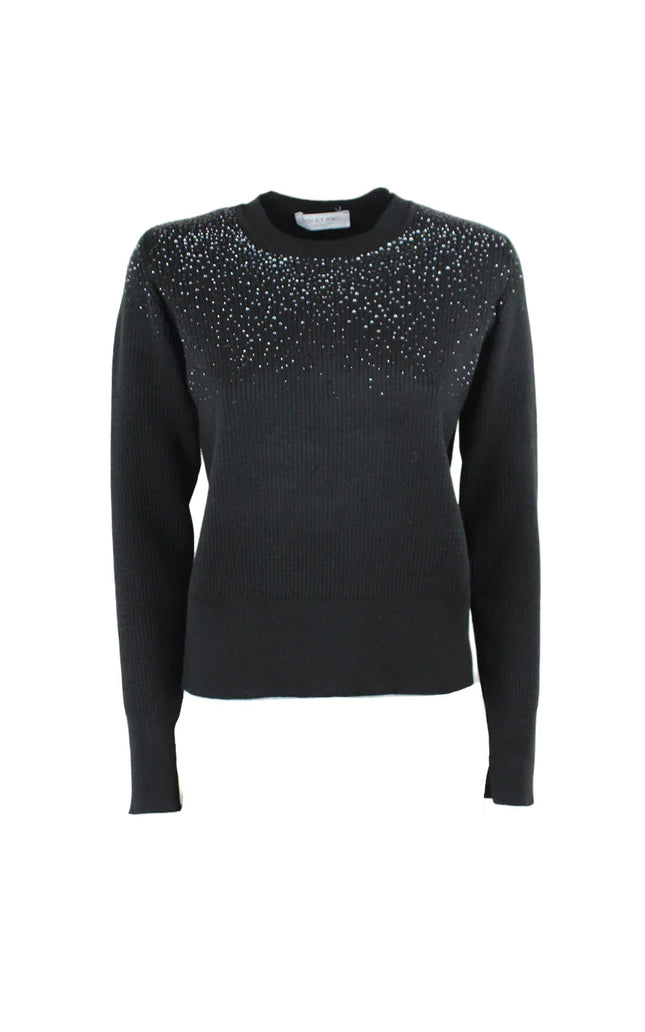 Black long sleeve women's sweater with crystal embellishments on the upper chest