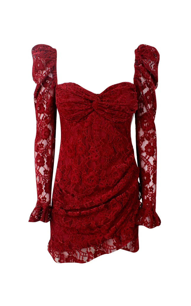 Red lace mini dress with long sheer sleeves and sweetheart neckline