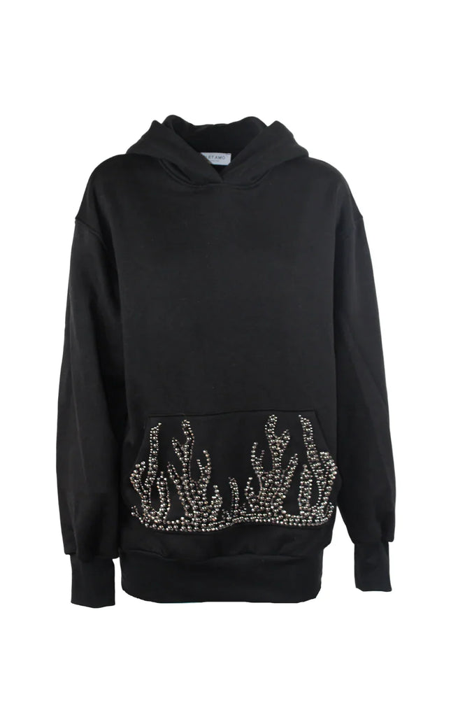 Black hoodie with rhinestone flame details on the pocket, bold streetwear style