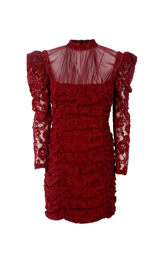 Red lace mini dress with sheer long sleeves and ruched floral detailing