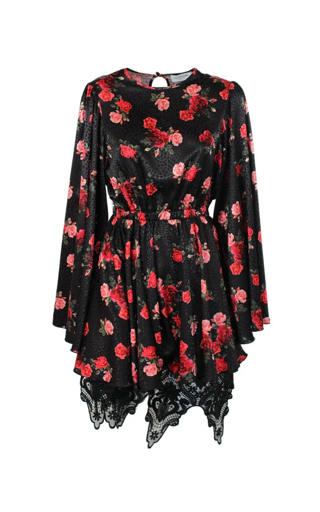 Black floral mini dress with long sleeves, red rose print, and lace hem detail