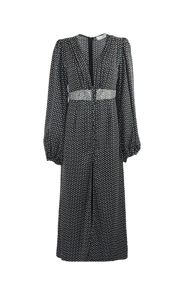 ABITO LUNGO APPLICAZIONI STRASS CON BOTTONI E SCOLLO A V