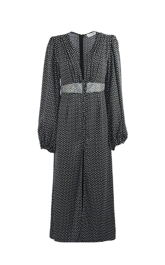 Black polka dot midi dress with long puff sleeves and crystal-embellished waist panel