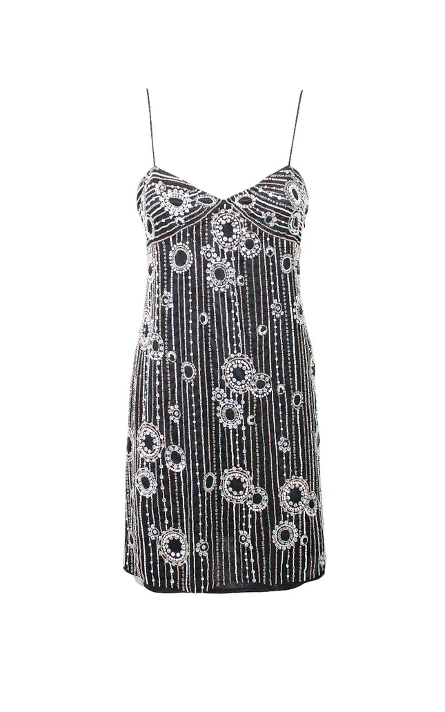 Black mini dress with sequin embellishments and spaghetti straps, women's fashion