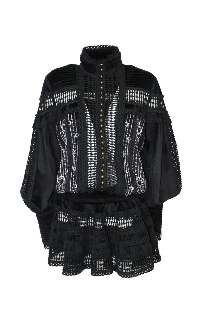 Black lace mini dress with sheer panels, eyelet details, and gold buttons, women's fashion