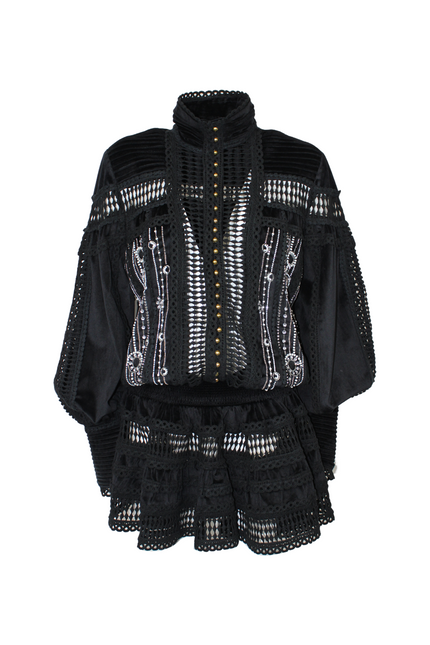 ABITO VELLUTO GONNA CORTA A BALZE CON INSERTI PIZZO E PERLINE CUCITE A MANO