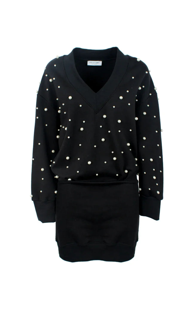 Black V-neck mini dress with pearl embellishments and long sleeves, women's fashion