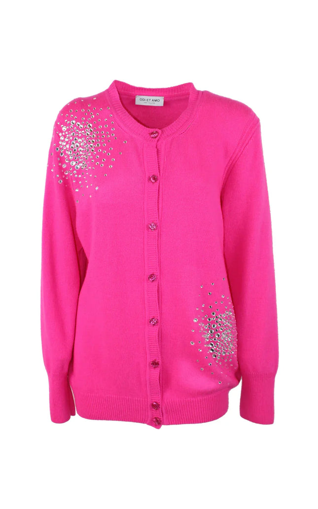Women's bright pink cardigan with rhinestone embellishments and button front