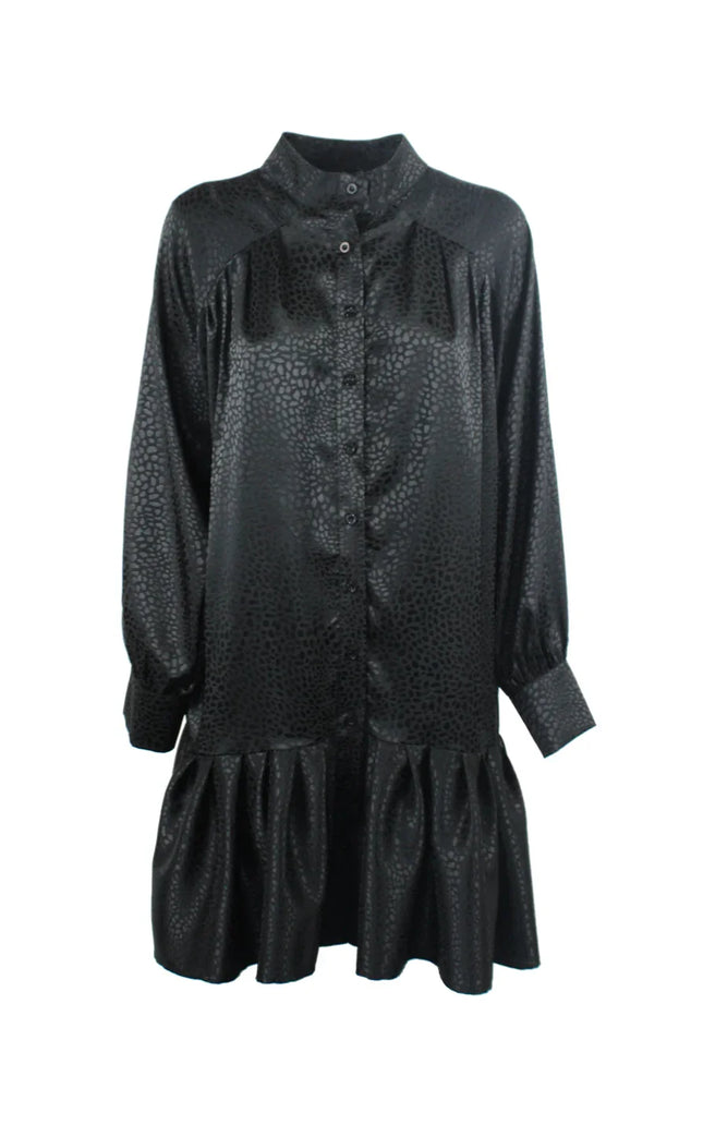 Black textured button-up dress with long sleeves and ruffled hem, women's fashion