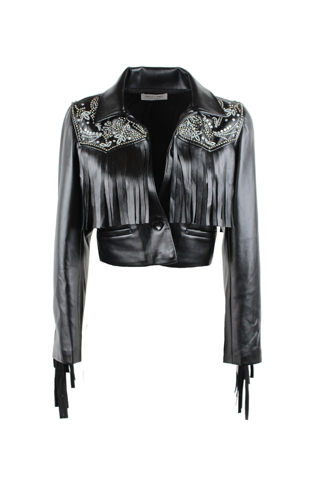 BLAZER CROPPED IN ECOPELLE CON FRANGE E PERLINE RICAMATE A MANO