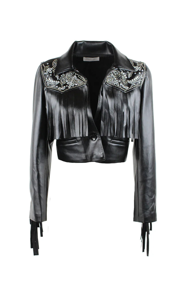 Black cropped faux leather jacket with fringe and rhinestone embellishments on the shoulders