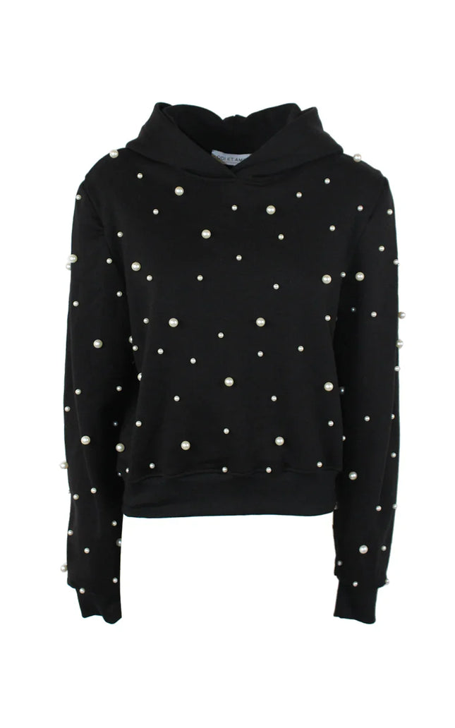 Black hoodie with pearl embellishments, women's fashion, detailed and stylish design