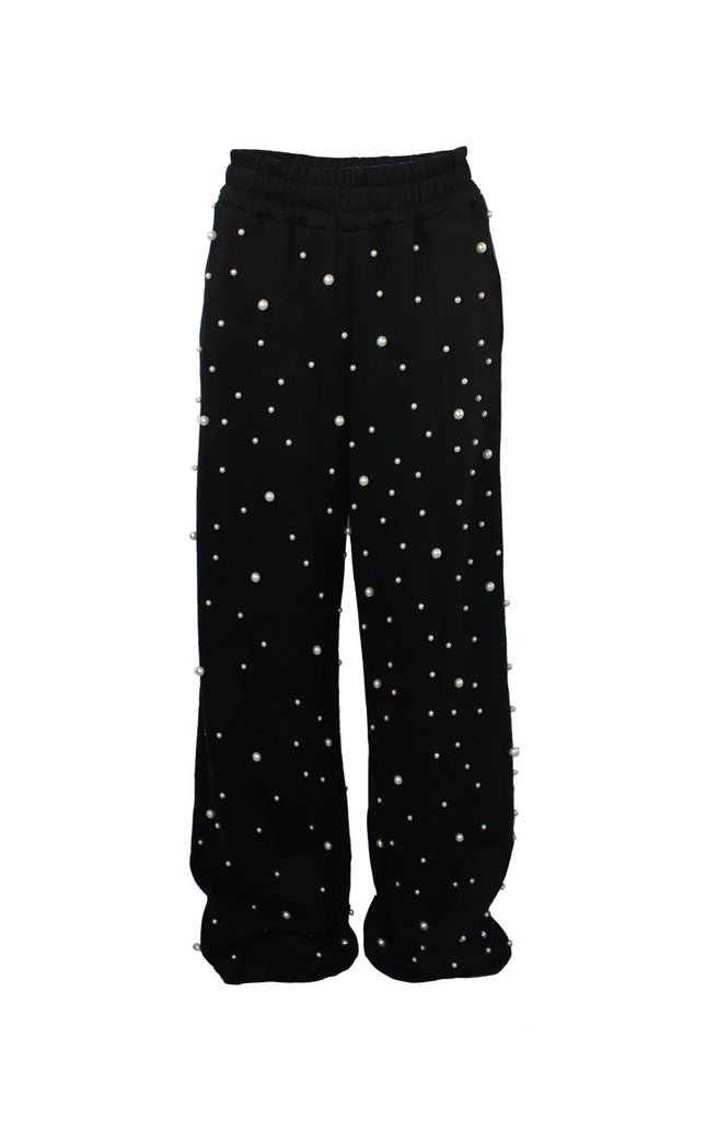 Black wide-leg pants with pearl embellishments, Italian fashion, women's designer style