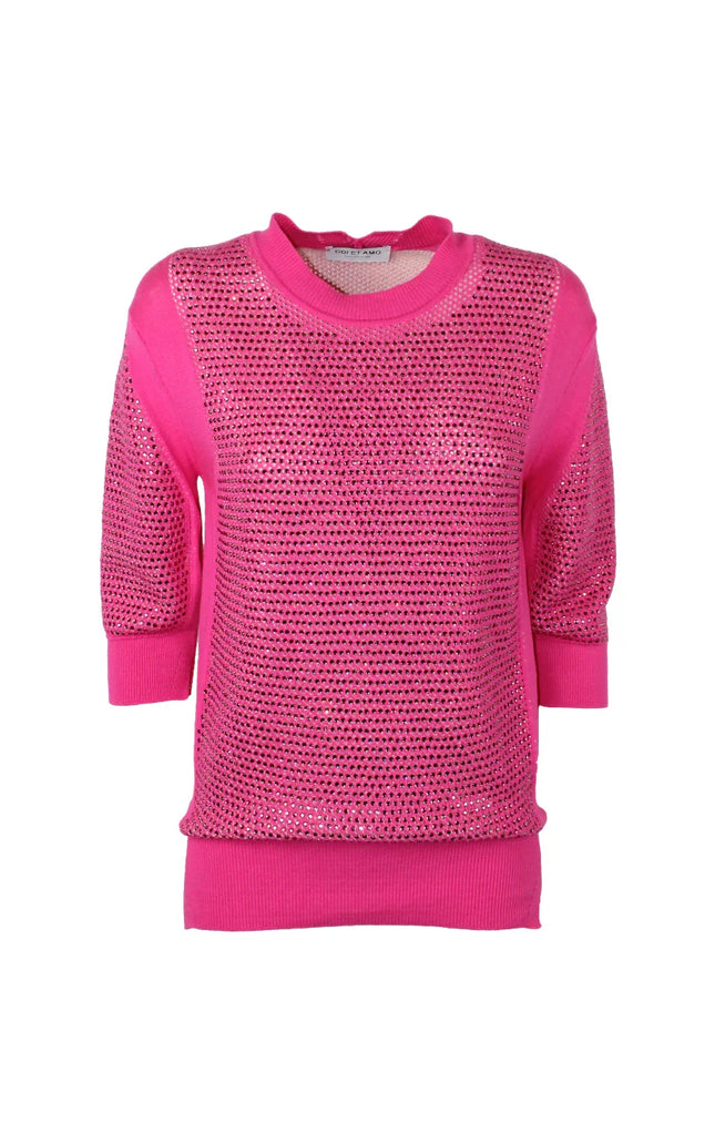 Pink women's sweater with short sleeves and rhinestone embellishments, front view.