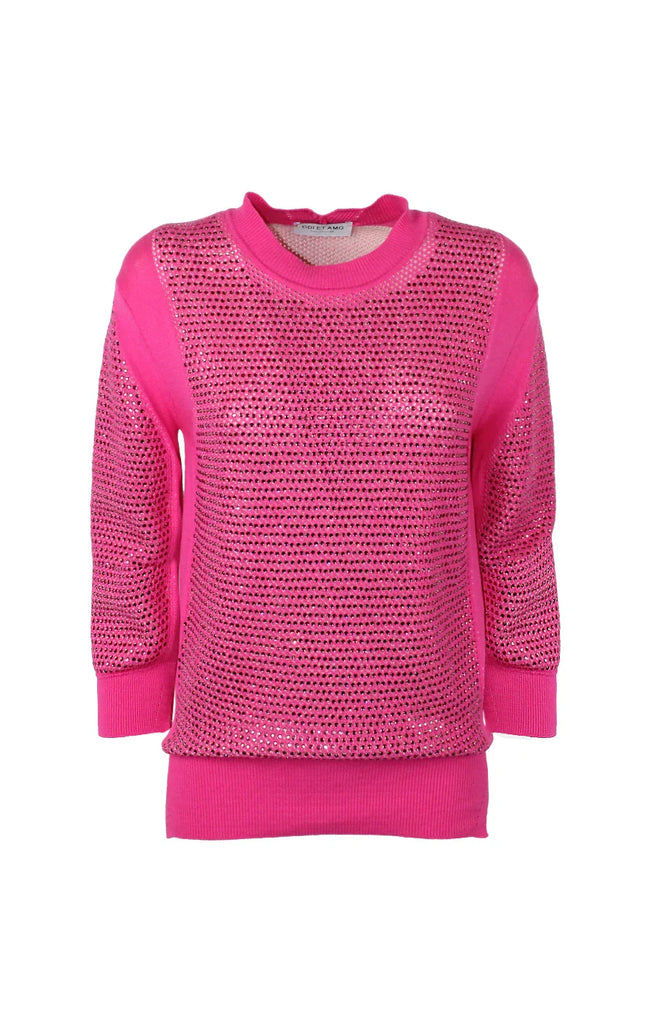 Bright pink women's sweater with rhinestone embellishments, crew neck, and long sleeves