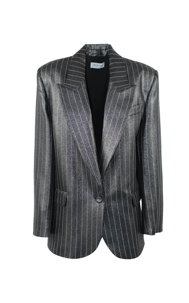 Metallic silver pinstripe women's blazer with single button and notched lapel