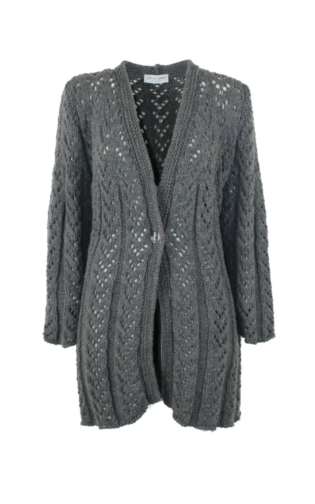 Women's long grey open-knit cardigan with cable pattern and button closure