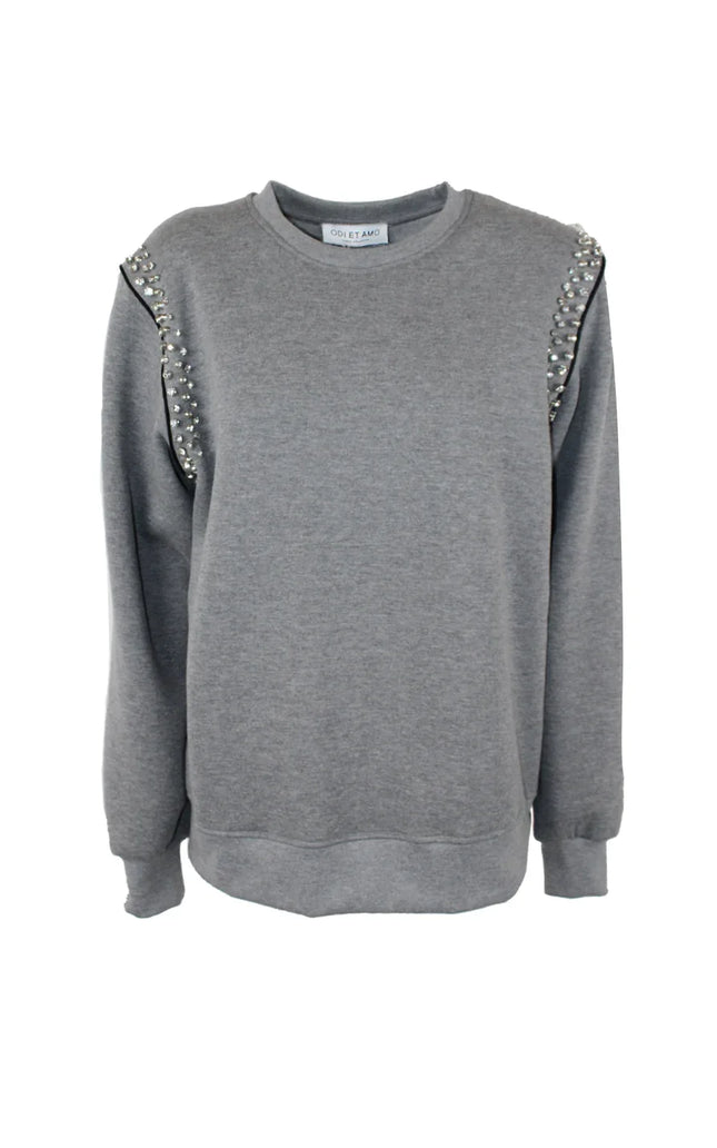 Grey women's sweatshirt with pearl details on the shoulders, front view