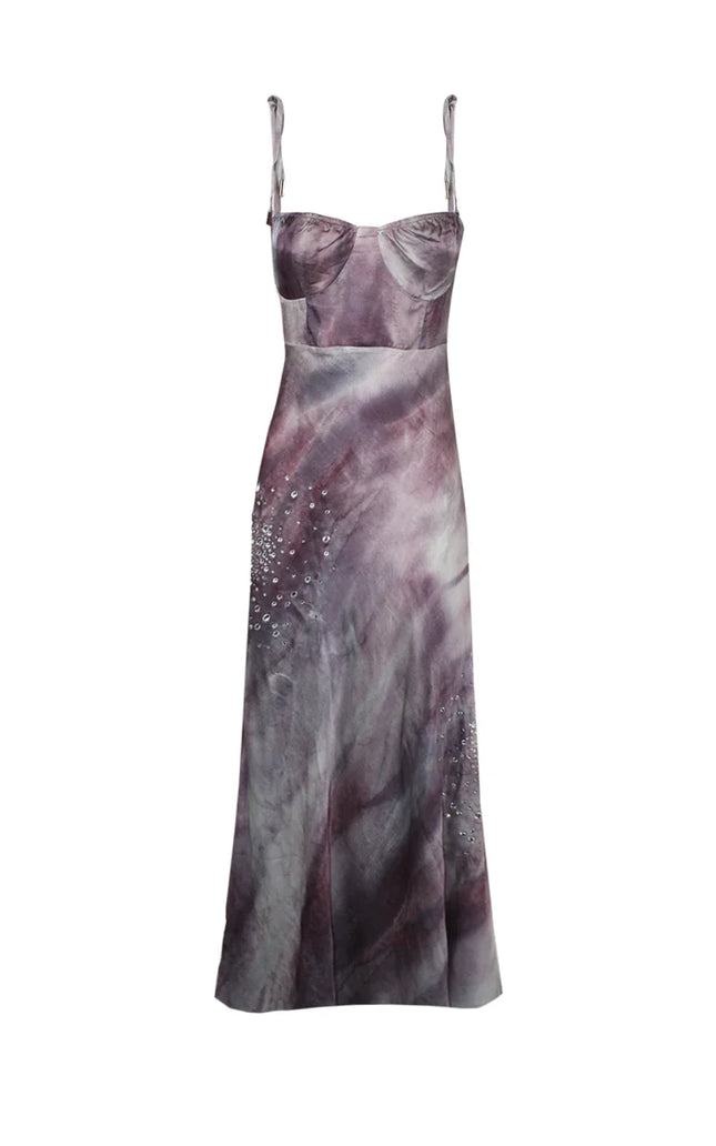 Sleeveless tie-dye long dress with rhinestone embellishments, Italian fashion