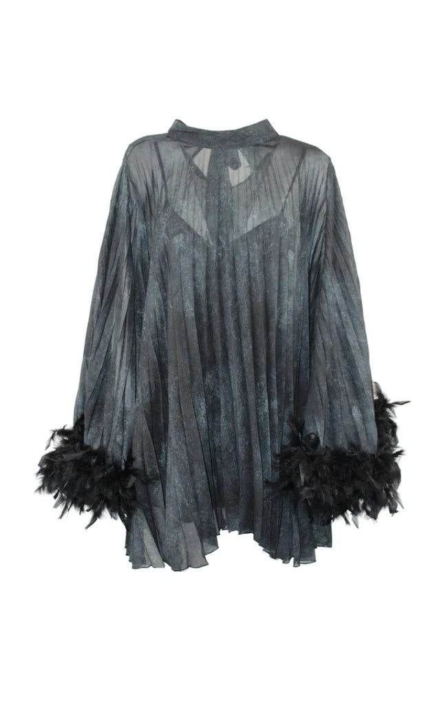 Sheer black pleated blouse with feathered long sleeves, Italian fashion style