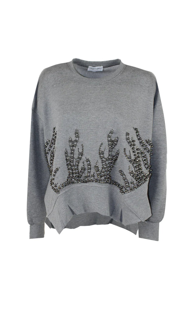 Grey women's sweatshirt with black beaded flame design and ruffled hem detail