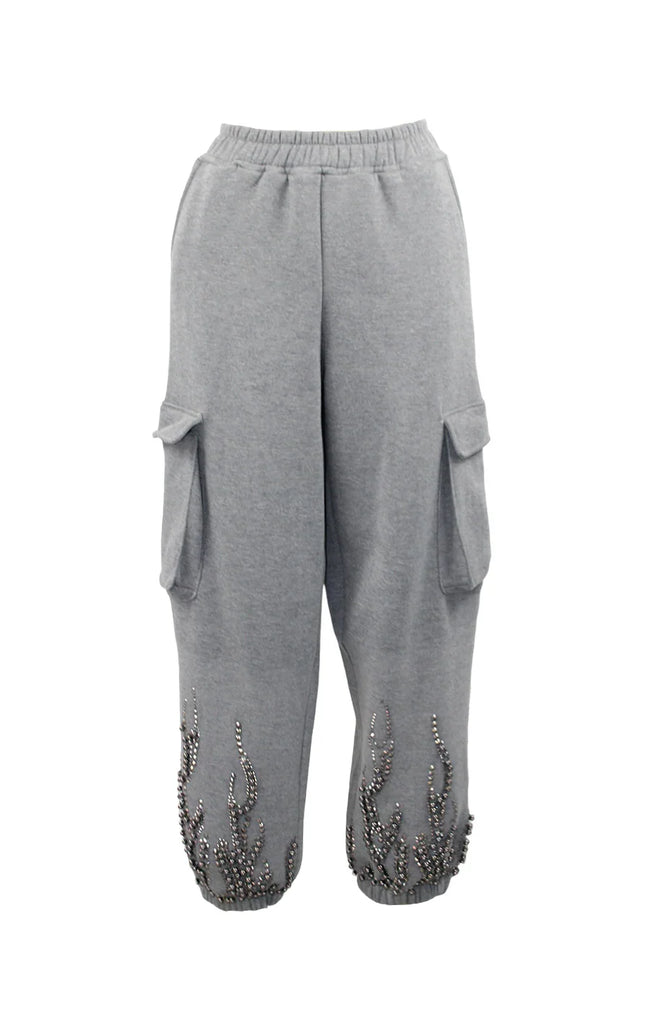 Gray cargo sweatpants with rhinestone flame details and side pockets, women's fashion
