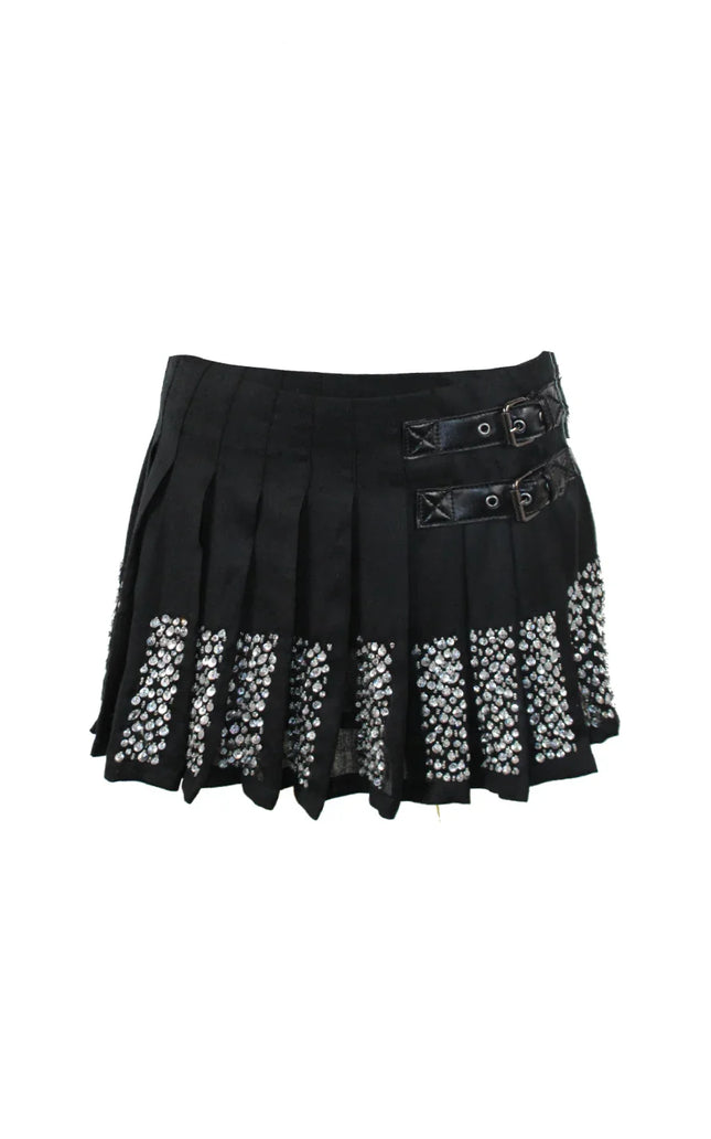 Black pleated mini skirt with rhinestone embellishments and double buckle details