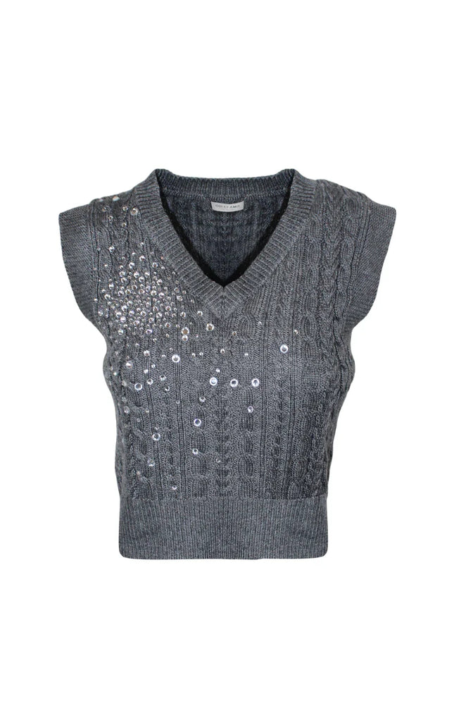 Gray cable knit sleeveless sweater vest with sequin embellishments and v-neck