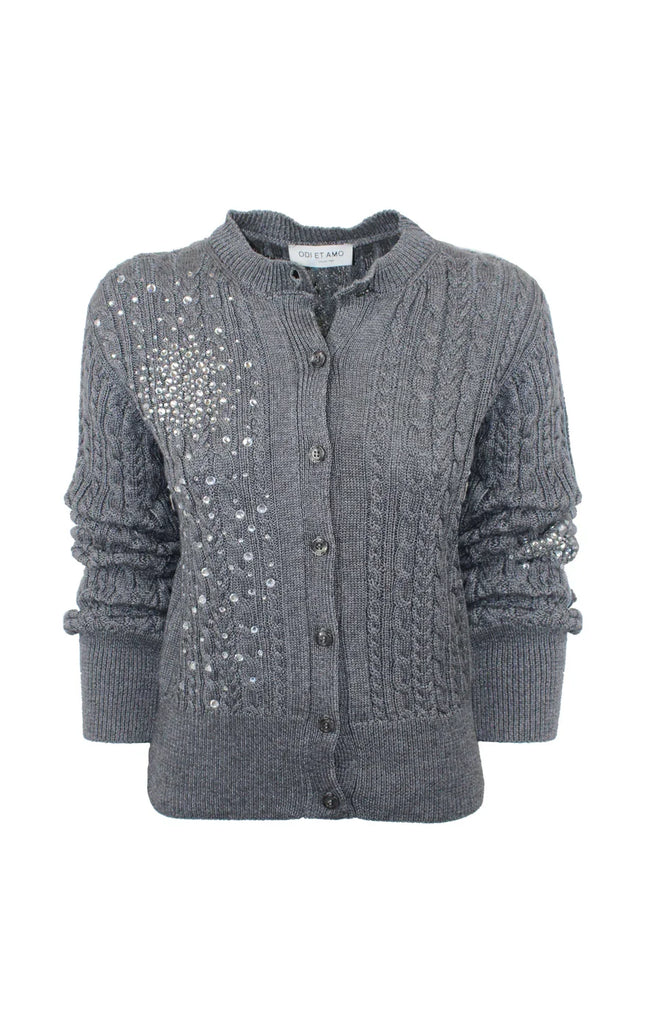 Gray cable knit cardigan with crystal embellishments and button front for women