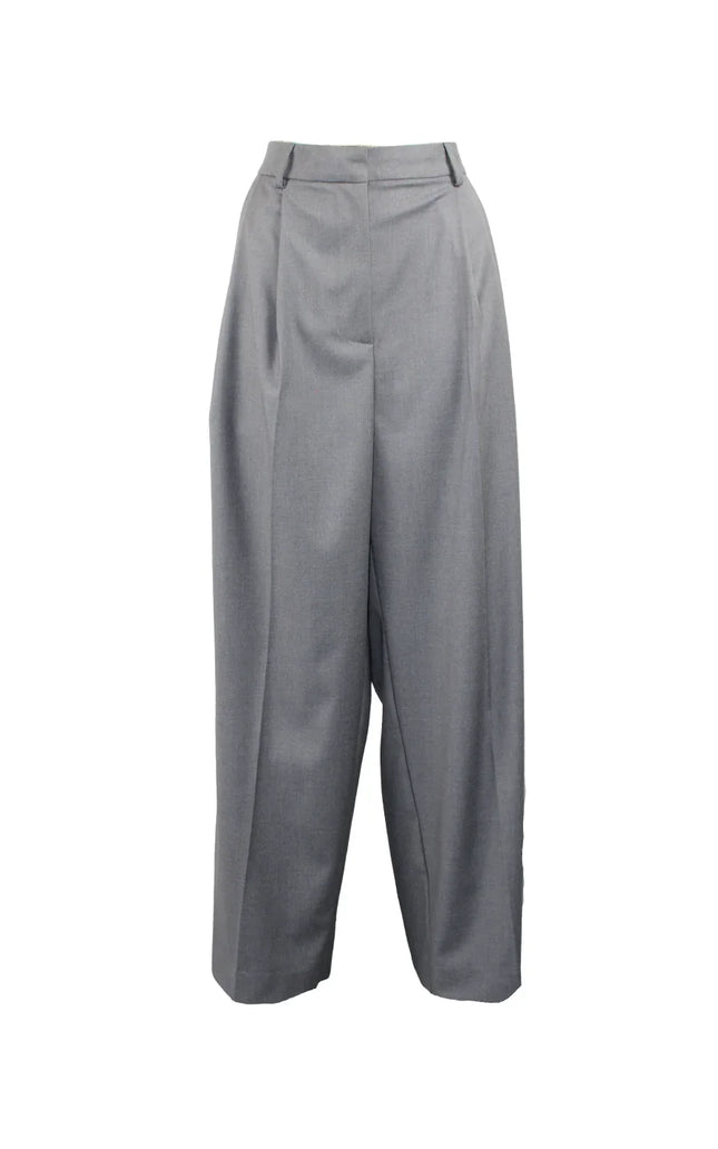 Wide-leg gray tailored women's trousers with high waist, elegant and modern style