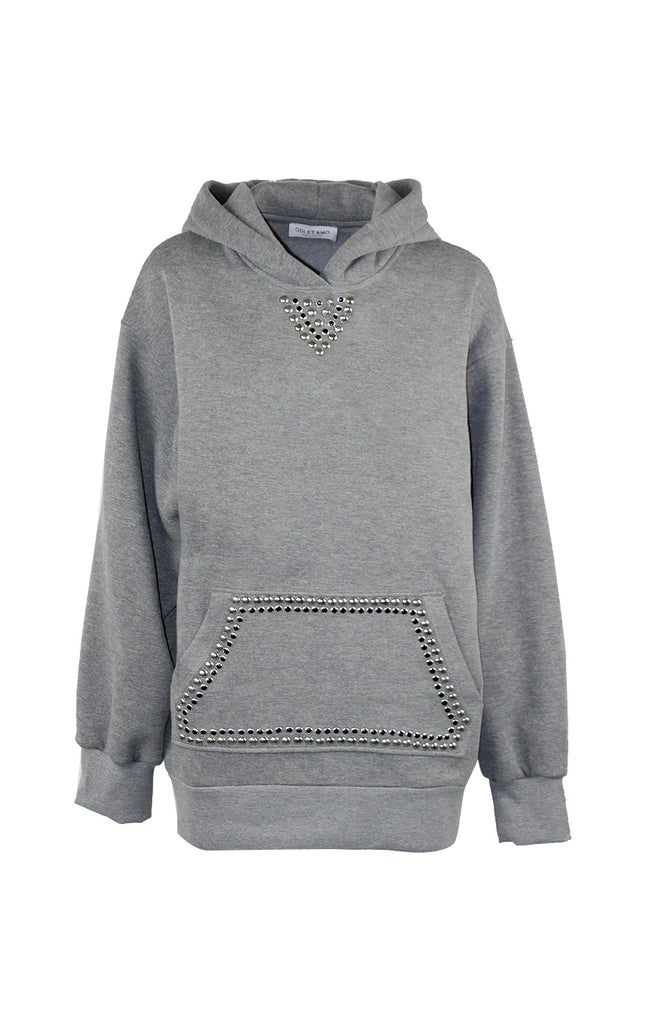Gray oversized hoodie with silver studded details on pocket and chest, women's fashion