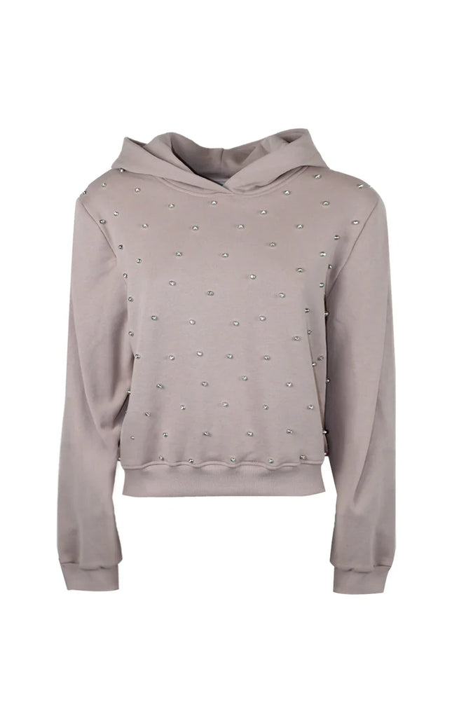 Light mauve women's hoodie with pearl embellishments and long sleeves