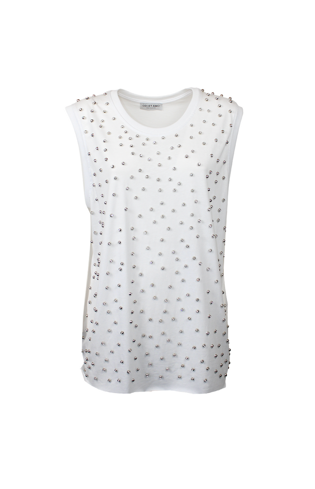 SLEEVELESS T-SHIRT WITH RHINESTONE AND PEARL