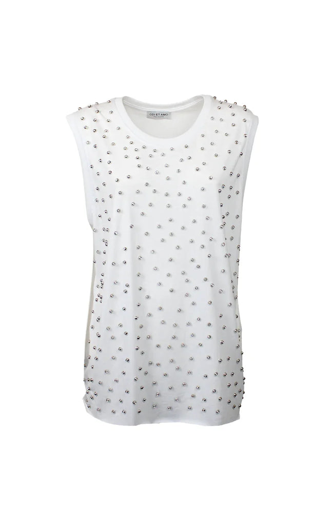 White sleeveless top with metallic studs, women's fashion, front view on white background