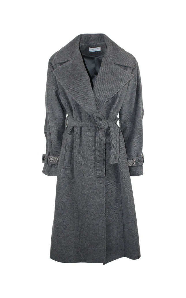 Gray belted women’s trench coat with wide lapels and cuff details on plain background