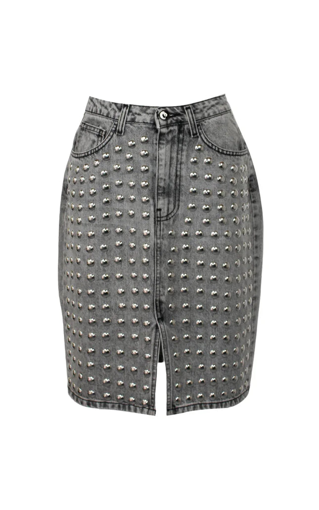 Gray studded denim mini skirt with front slit, edgy women's fashion