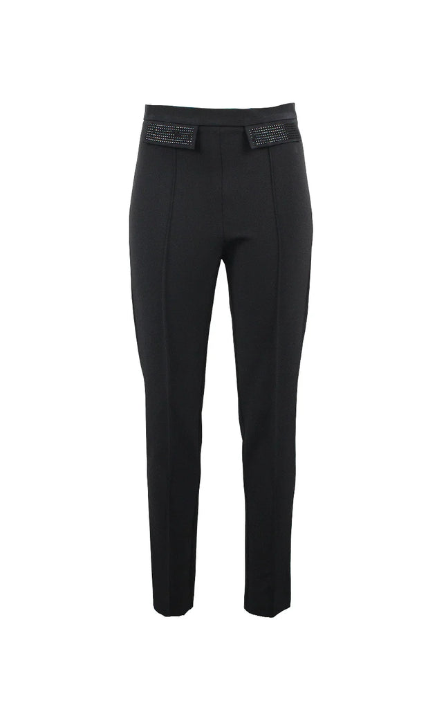 Black tailored women's pants with decorative waist details, Italian fashion style