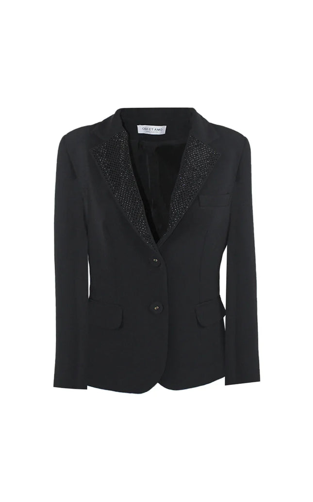 Women's black tailored blazer with embellished lapels, two buttons, and front pockets