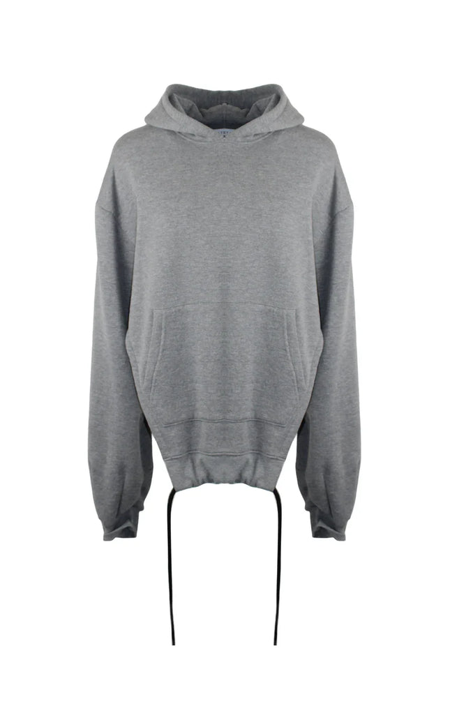 Gray oversized women's hoodie with drawstring hem and kangaroo pocket, front view