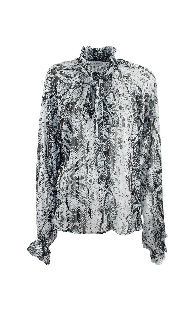 Sheer long sleeve blouse with black and white snakeskin print and ruffled tie neck