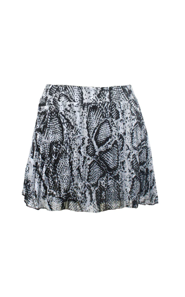Women's mini skirt with black and white snakeskin print, flared hem, front view