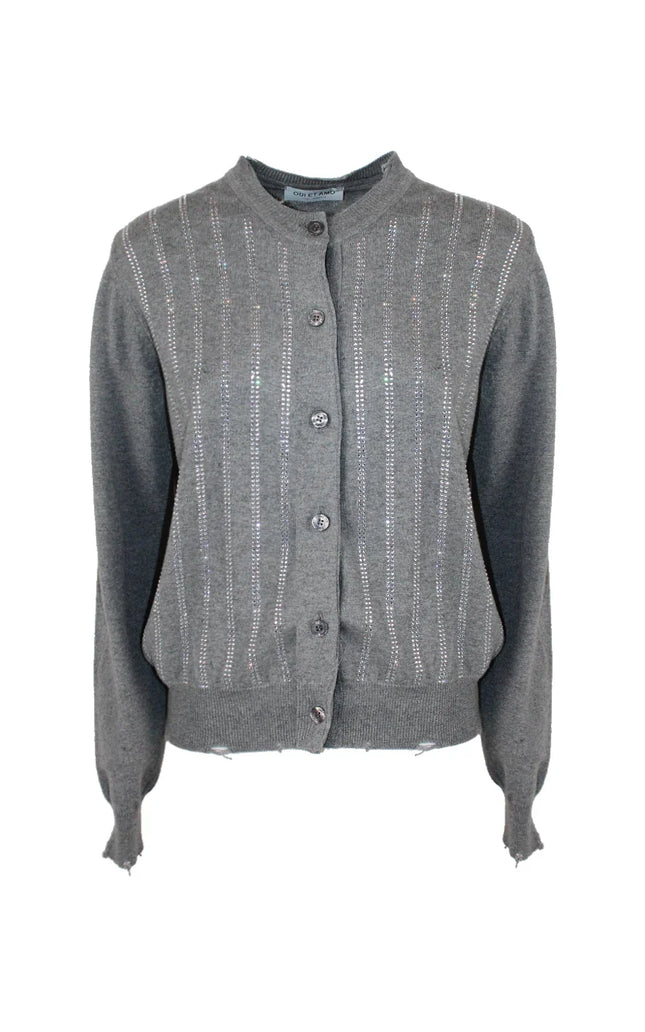 Grey women's cardigan with rhinestone vertical stripes and button front