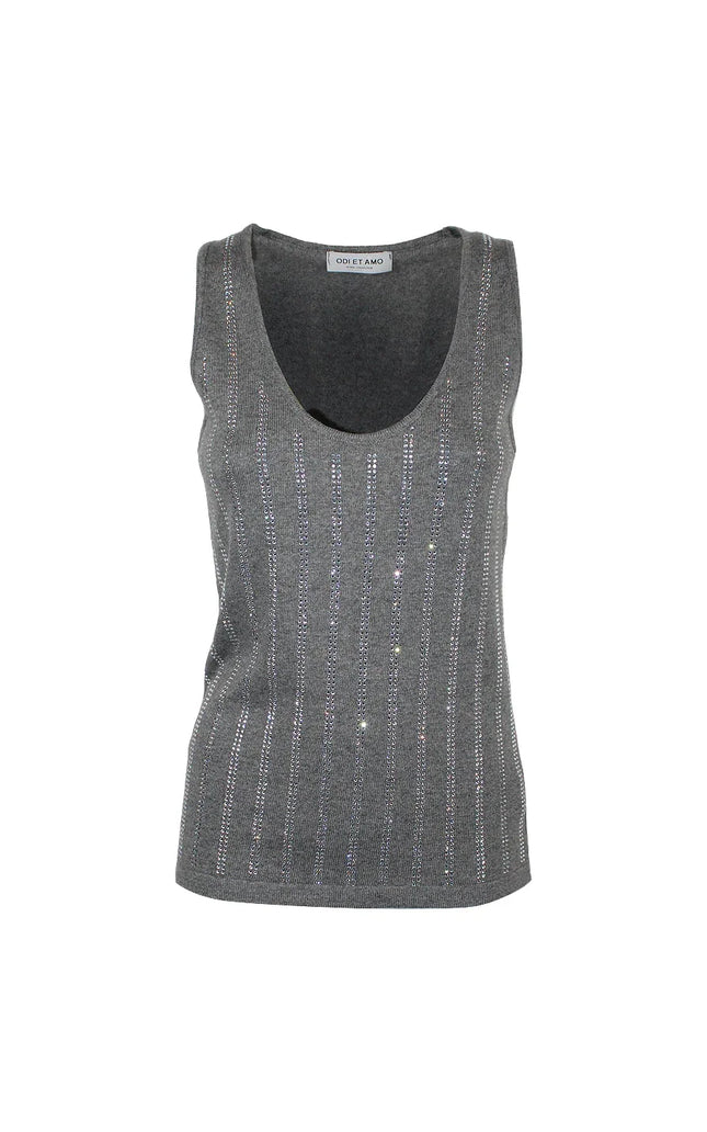 Gray women's sleeveless top with silver sequin vertical stripes, scoop neck, fashion apparel