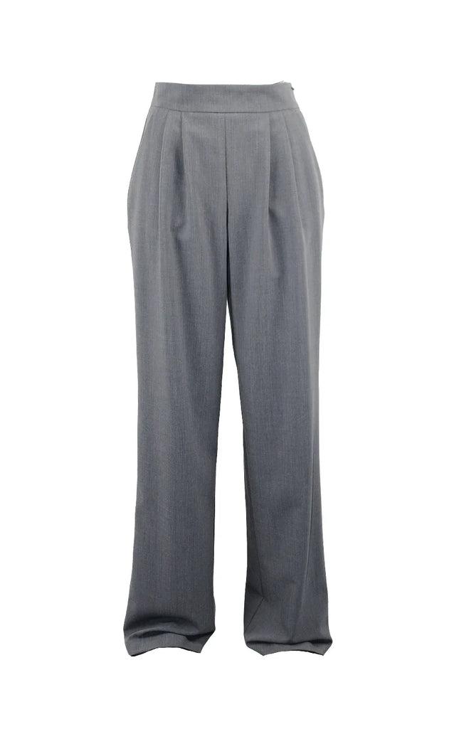 Women's grey wide-leg pleated trousers with high waist, elegant and modern style