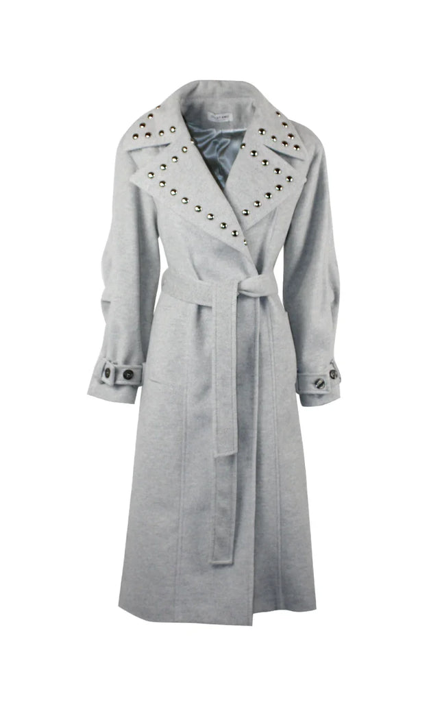 Light grey women's trench coat with studded lapels and waist tie, Italian fashion